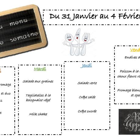Menu de la semaine du 31 janvier au 4 février 2022